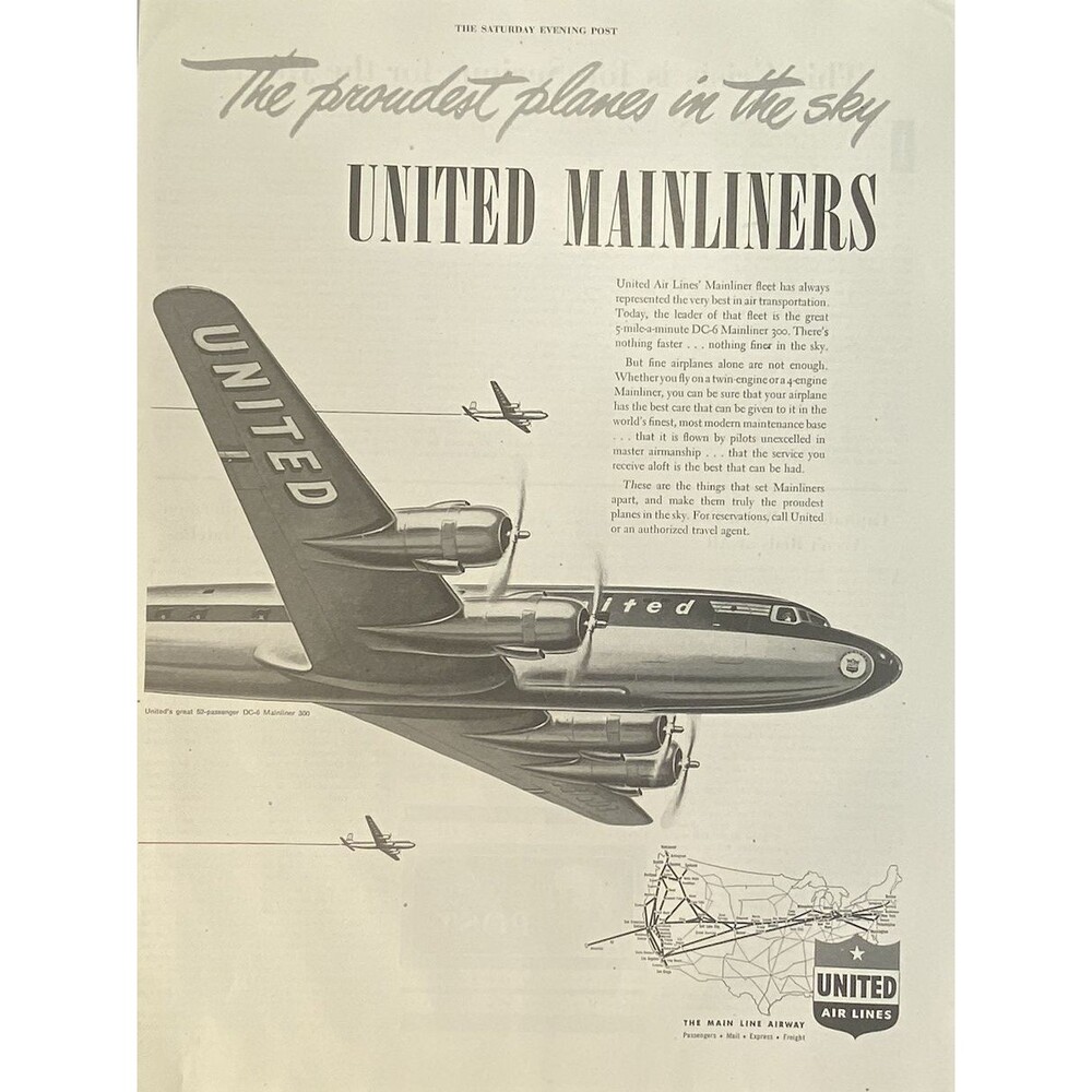 United Airlines DC-6 Mainliner 300 "There's Nothing Faster" Vintage Print Ad '48